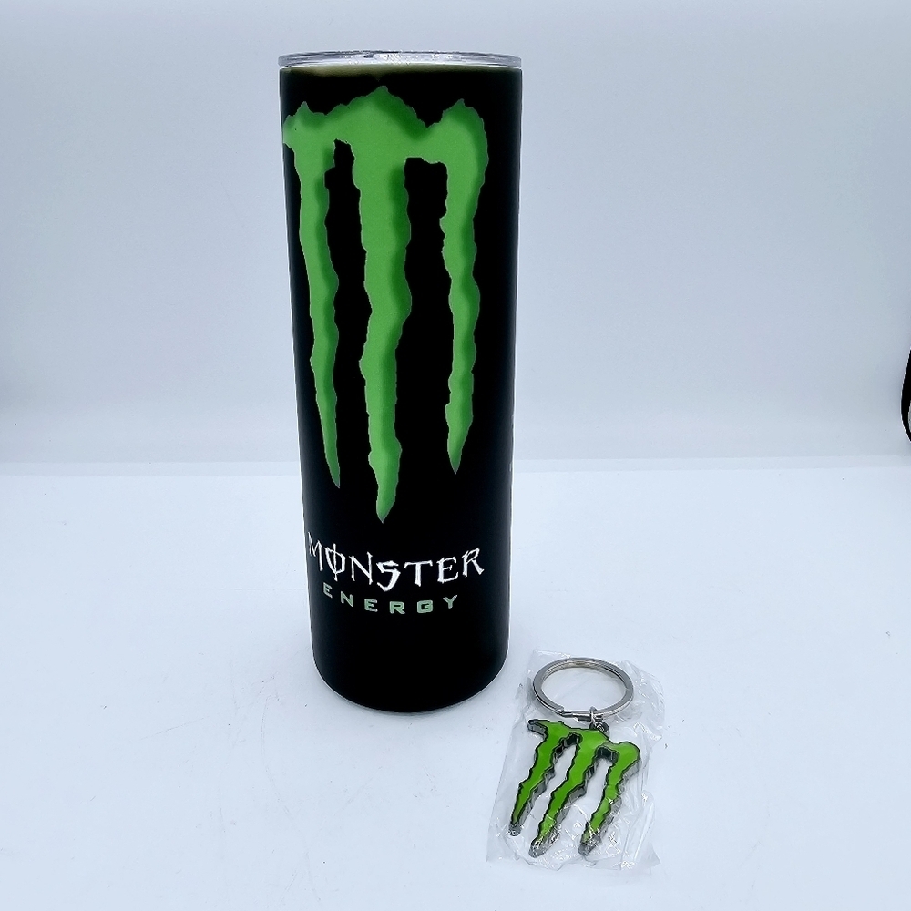 Monster Energy Black and Green Travel Tumbler Cup Mug with Keychain
